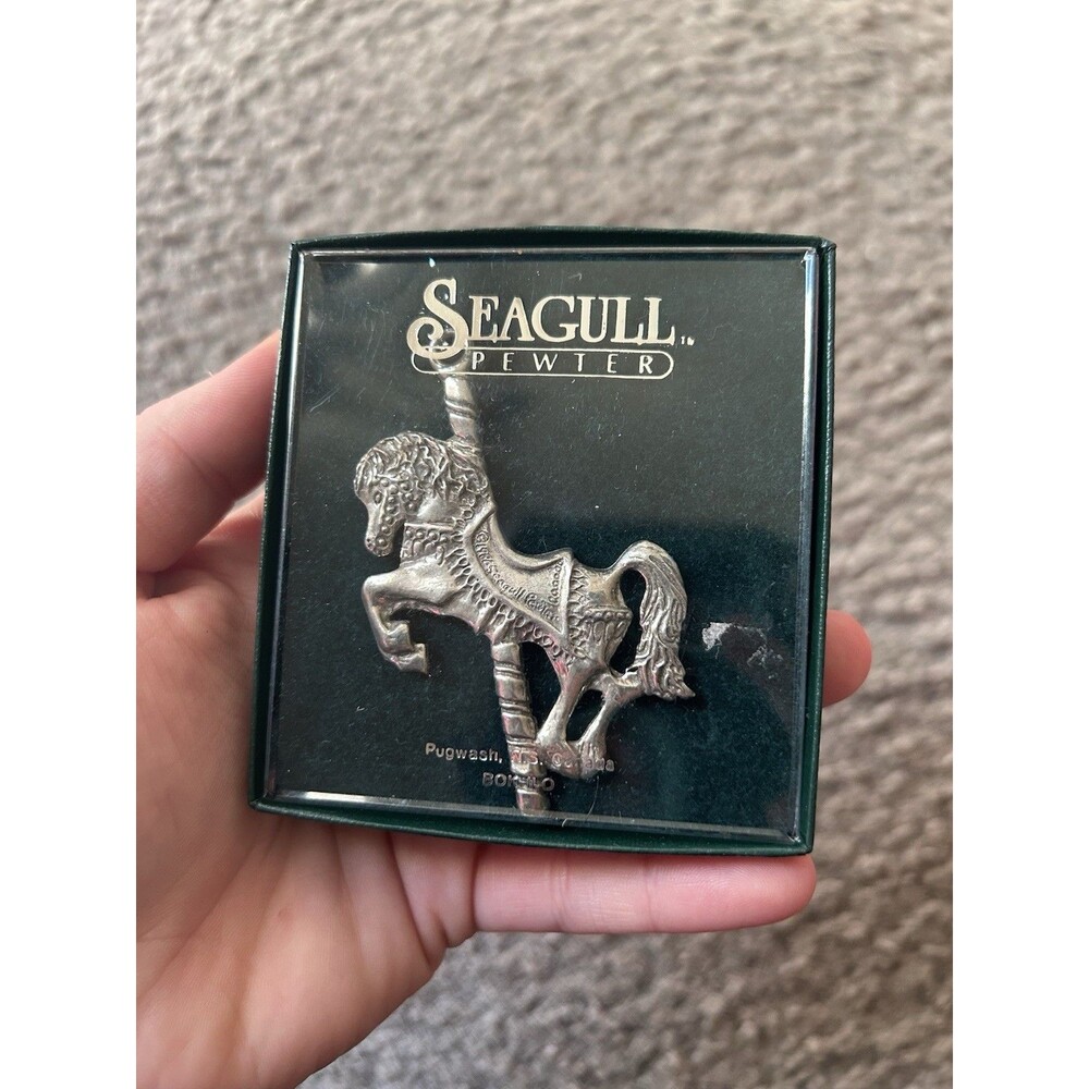 VINTAGE SEAGULL PEWTER CAROUSEL HORSE CHRISTMAS ORNAMENT MADE IN CANADA